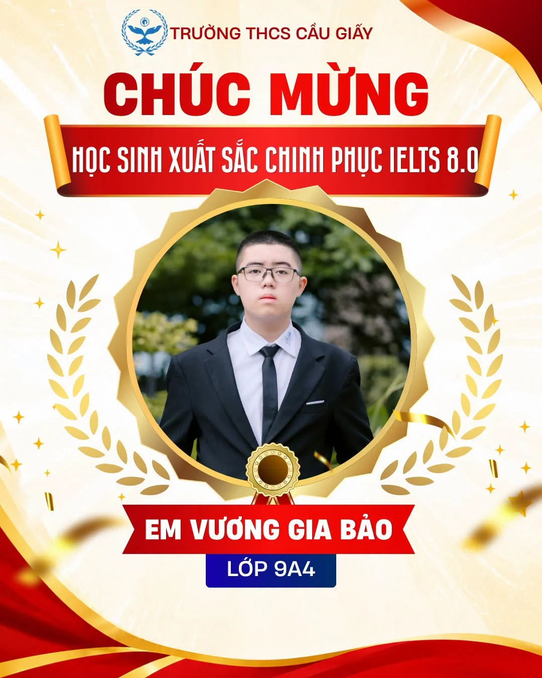 CHÚC MỪNG EM VƯƠNG GIA BẢO – HỌC SINH LỚP 9A4 CHINH PHỤC IELTS 8.0