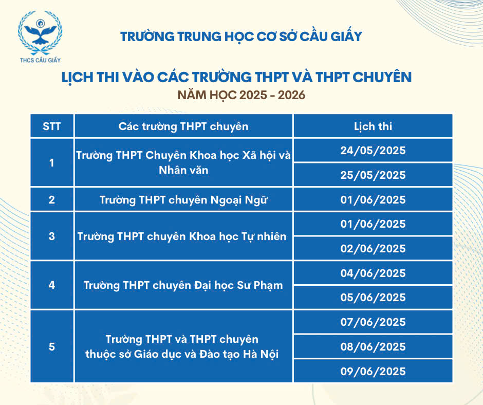 THÔNG BÁO LỊCH THI VÀO THPT VÀ CÁC TRƯỜNG THPT CHUYÊN